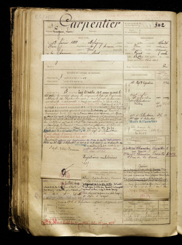 Carpentier, Eugène Léon, né le 03 février 1888 à Matigny (Somme), classe 1908, matricule n° 842, Bureau de recrutement de Péronne