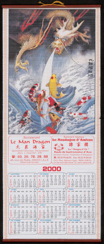 Calendrier chinois de l'an 2000 du restaurant asiatique les restaurants le Man Dragon (46 rue de Paris à Lille) et le Mandagon d'Amiens. Le Dragon d'Or. haute gastronomie d'Asie (19-21 place Alphonse Fiquet à Amiens)