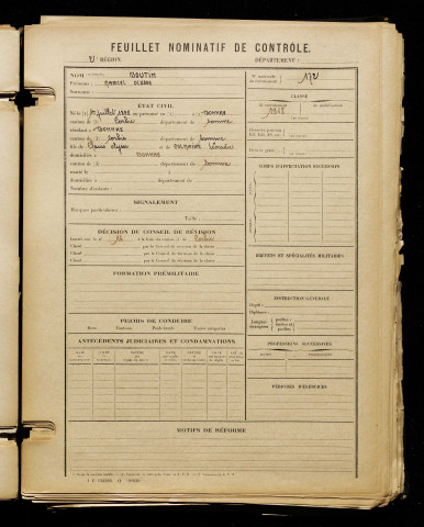 Boutin, Marcel Ulysse, né le 01 juillet 1898 à Bonnay (Somme), classe 1918, matricule n° 172, Bureau de recrutement d'Amiens