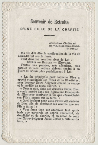 Image pieuse dentelle. Saint Vincent de Paul fondateur de la congrégation de la Mission des filles de la Charité