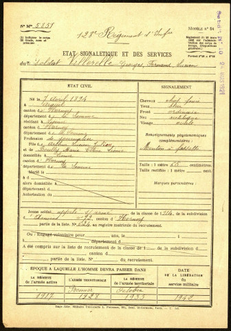 Villerelle, Georges Fernand Lucien, né le 07 avril 1894 à Arguel (Somme), classe 1914, matricule n° 624, Bureau de recrutement d'Amiens
