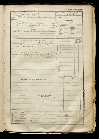 Vasseur, Albert Henri, né le 06 juillet 1899 à Amiens (Somme), classe 1919, matricule n° 1463, Bureau de recrutement d'Amiens