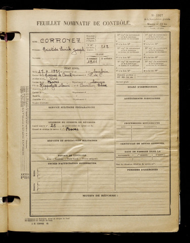 Corroyez, Aristide Emile Joseph, né le 27 avril 1891 à Sombrin (Pas-de-Calais), classe 1911, matricule n° 818, Bureau de recrutement d'Amiens