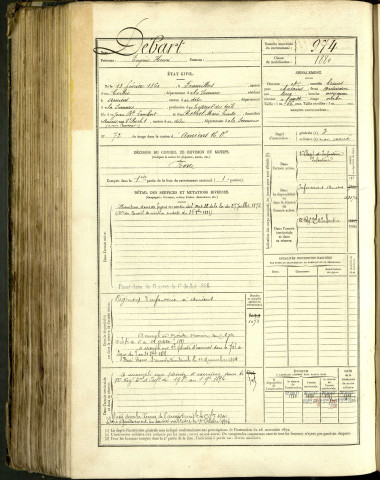Debart, Eugène Henri, né le 13 février 1860 à Franvillers (Somme, France), classe 1880, matricule n° 974, Bureau de recrutement d'Amiens