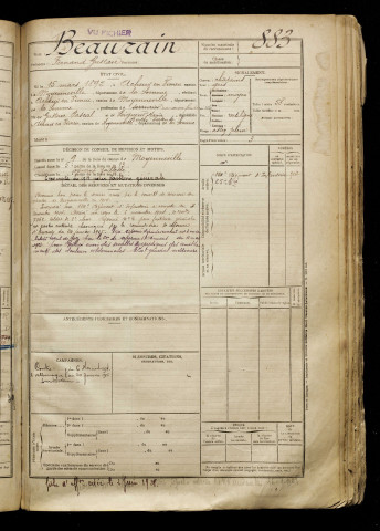 Beaurain, Fernand Gustave, né le 15 mars 1892 à Acheux-en-Vimeu (Somme), classe 1912, matricule n° 883, Bureau de recrutement d'Abbeville