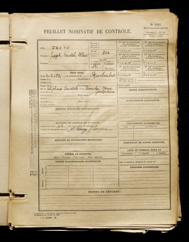 Frété, Joseph Anatole Albert, né le 04 janvier 1891 à Mons-Boubert (Somme), classe 1911, matricule n° 904, Bureau de recrutement d'Abbeville