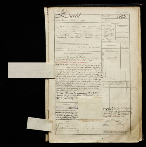 David, Jérémie Pierre, né le 19 novembre 1892 à Buire-Courcelles (Somme), classe 1912, matricule n° 1023, Bureau de recrutement de Péronne