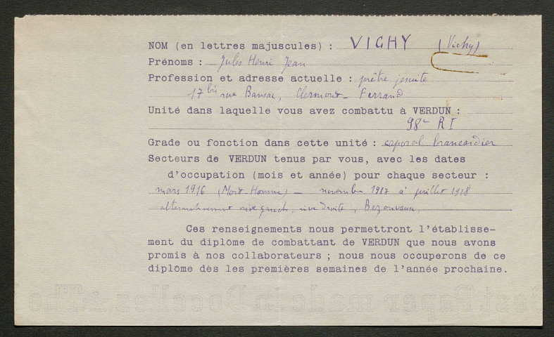 Témoignage de Vichy (Abbé), Jean (Caporal brancardier) et correspondance avec Jacques Péricard