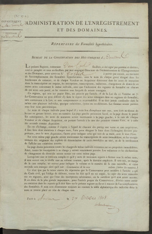 Répertoire des formalités hypothécaires, du 23/12/1808 au 22/08/1809, volume n° 25 (Conservation des hypothèques de Doullens)