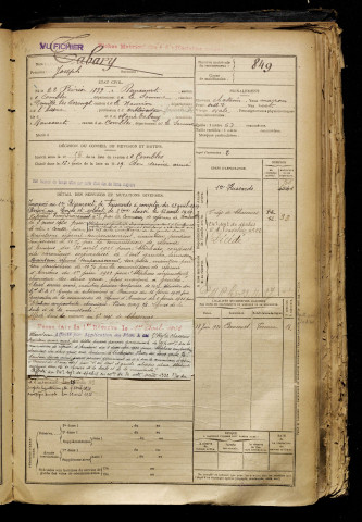 Tabary, Joseph, né le 22 février 1899 à Rancourt (Somme), classe 1919, matricule n° 849, Bureau de recrutement de Péronne