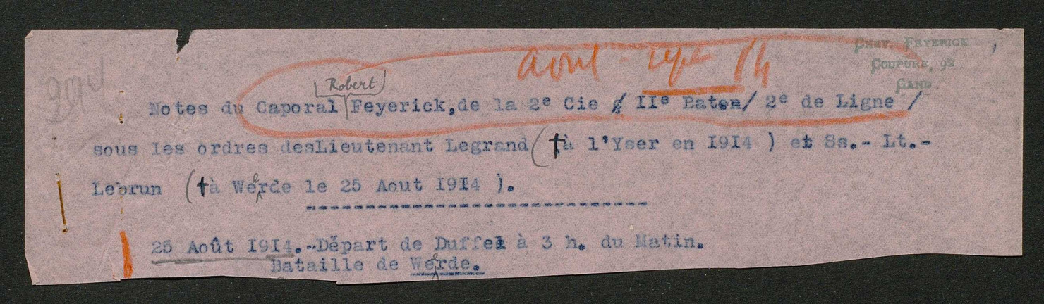 Témoignage de Feyerik, Robert (Lieutenant) et correspondance avec Jacques Péricard