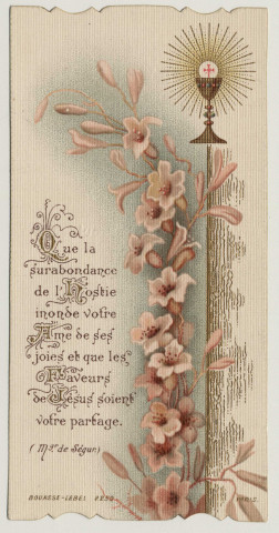 Que la surabondance de l'Hostie inonde votre Ame de ses joies et que les Faveurs de Jésus soient votre partage. Souvenir de première communion. Image de première communion de Henri Demonchaux faite en la chapelle de l'Ecole Libre de la Providence à Amiens, le 13 mai 1903