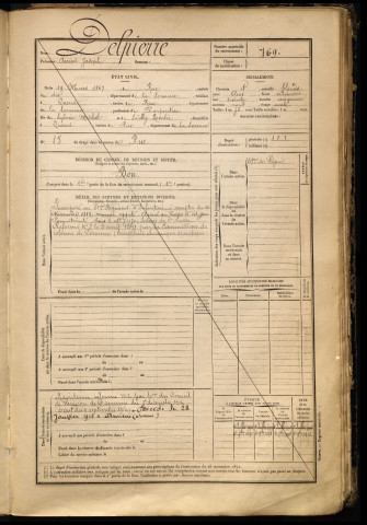 Delpierre, Anicet Joseph, né le 19 mars 1867 à Rue (Somme), classe 1887, matricule n° 769, Bureau de recrutement d'Abbeville