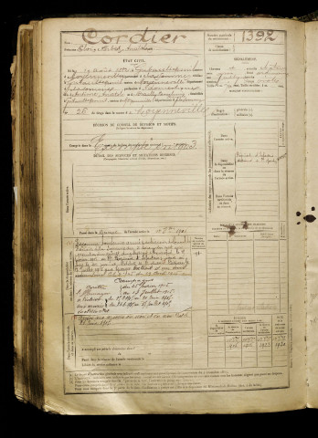 Cordier, Eloi Norbert Anatole, né le 19 août 1882 à Grébault-Mesnil (Somme), classe 1902, matricule n° 1392, Bureau de recrutement d'Abbeville