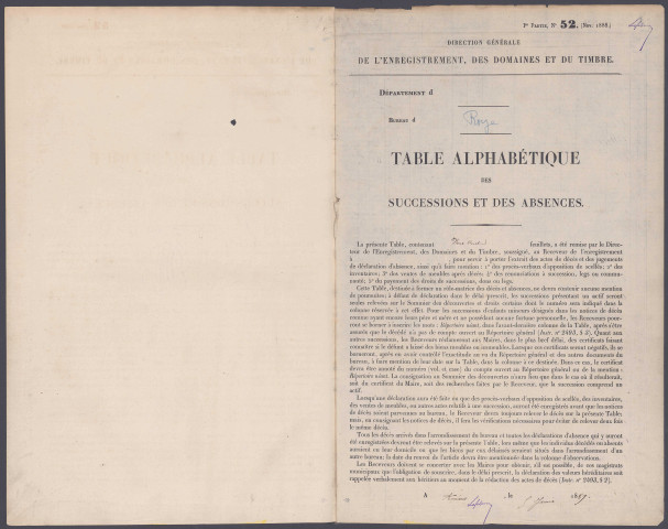 Table des successions et absences du bureau de Roye