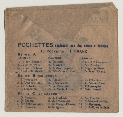 Images liturgiques, Abbaye de Saint-André. Une enveloppe. Descriptif du contenu de la pochette
