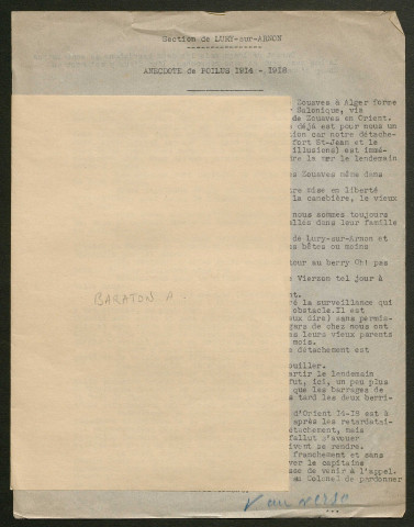 Témoignage de Baraton, A. et correspondance avec Jacques Péricard