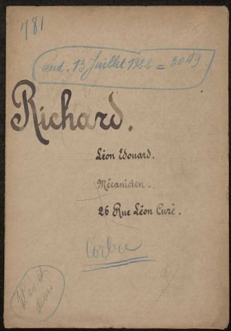 Corbie. Demande d'indemnisation des dommages de guerre : dossier Richard Léon, Edouard