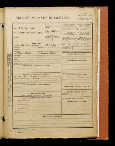 Demolliens, Archange Louis Henri, né le 15 juillet 1897 à Saint-Sauflieu (Somme), classe 1917, matricule n° 225, Bureau de recrutement d'Amiens