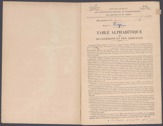 Table des successions et absences du bureau de Roye