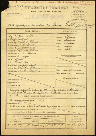 Vidal, Joseph Edmond Juliani, né le 23 juin 1881 à Guignemicourt (Somme), classe 1901, matricule n° 407, Bureau de recrutement d'Amiens