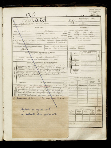 Blard, Alphonse Julien Edmond, né le 02 avril 1898 à Saint-Ouen (Seine-Saint-Denis), classe 1918, matricule n° 163, Bureau de recrutement d'Amiens