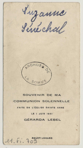 Jésus aime les coeurs purs et les attire à lui. Souvenir de première communion. Souvenir de la communion solennelle de Gérarda Lebel faite en l'église de Sainte-Anne, le 1er juin 1941