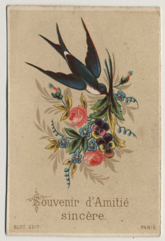 Souvenir d'Amitié sincère. Une hirondelle et un bouquet de fleurs