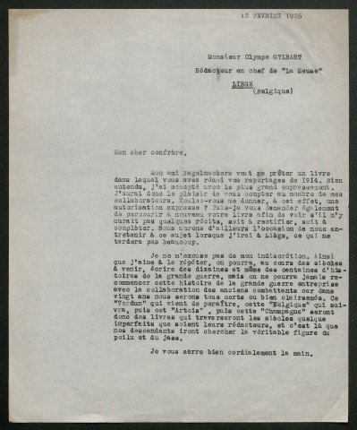 Témoignage de Gilbart, Olympe (Rédacteur en chef du journal "La Meuse" à Liège) et correspondance avec Jacques Péricard