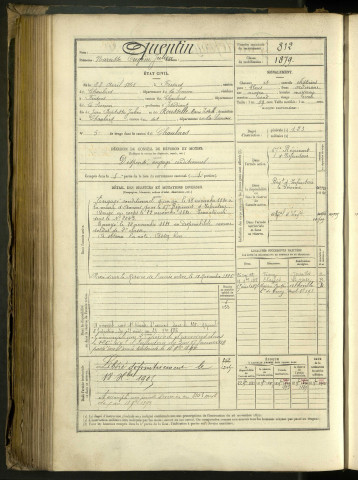 Quentin, Narcisse Eugène Julien, né le 23 avril 1861 à Fresnes (Somme, France), classe 1881, matricule n° 812, Bureau de recrutement Péronne