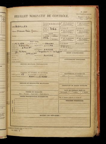 Boullez, Marius Léon Gaston, né le 12 mars 1892 à Drucat (Somme), classe 1912, matricule n° 360, Bureau de recrutement d'Abbeville