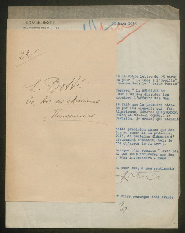 Témoignage de Botti, Louis et correspondance avec Jacques Péricard