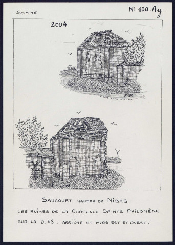 Saucourt (hameau de Nibas) : ruines de la chapelle Sainte-Philomène, arrière et murs est et ouest - (Reproduction interdite sans autorisation - © Claude Piette)