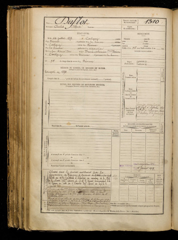 Duflot, Charles Albert, né le 24 juillet 1873 à Cartigny (Somme), classe 1893, matricule n° 1310, Bureau de recrutement de Péronne