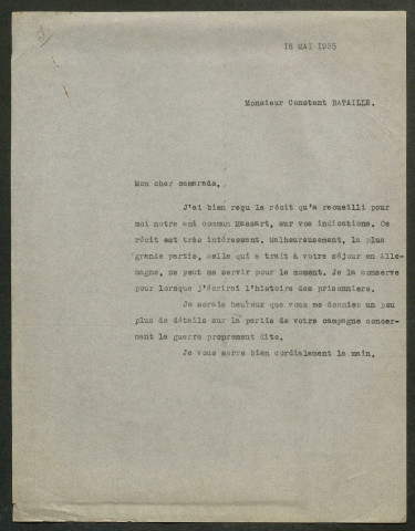 Témoignage de Bacquet, Jean et correspondance avec Jacques Péricard