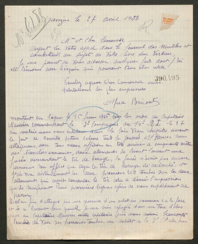 Témoignage de Bricourt, Alfred et correspondance avec Jacques Péricard