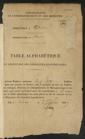 Table du répertoire des formalités, de Bouvier à Carton, registre n° 3 (Conservation des hypothèques de Doullens)
