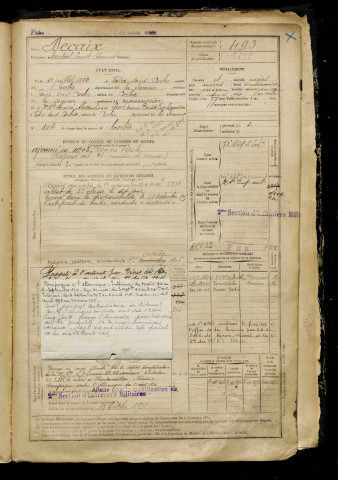 Decaix, Martial Ernest Edmond, né le 01 juillet 1882 à Vaire-sous-Corbie (Somme), classe 1902, matricule n° 493, Bureau de recrutement d'Amiens