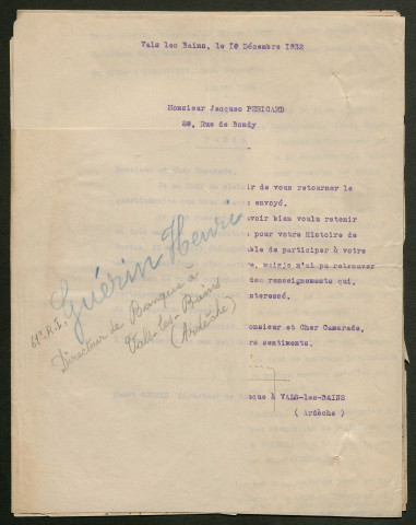 Témoignage de Guérin, Henri et correspondance avec Jacques Péricard