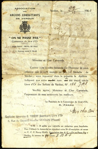 Lettre de la Commission du Livre d'Or des Soldats de Verdun adressée à Henri Lesage, lui annonçant l'expédition de la médaille de Verdun et son inscription sur le Livre d'Or sous le n° 165-748