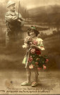 Guerre 1914 1918. Carte souvenir représentant une fillette pensant à son père soldat sur le front.