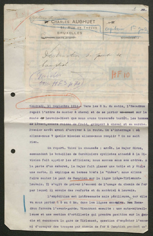 Témoignage de Aughuet, Charles (Capitaine) et correspondance avec Jacques Péricard