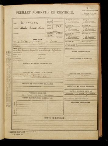 Deloison, Charles Ernest Henri, né le 06 mars 1893 à Arrest (Somme), classe 1913, matricule n° 567, Bureau de recrutement d'Amiens