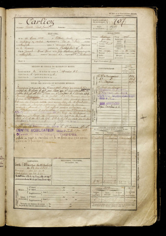 Carliez, Fidèle Paul Joseph, né le 21 mars 1899 à Villers-Brûlin (Pas-de-Calais), classe 1919, matricule n° 707, Bureau de recrutement d'Amiens