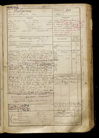 Fulgence, Maurice Gaston Julien, né le 27 août 1889 à Caulières (Somme), classe 1909, matricule n° 751, Bureau de recrutement d'Amiens