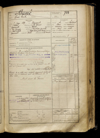 Dumé, Henri Emile, né le 05 juin 1889 à Hancourt (Somme), classe 1909, matricule n° 733, Bureau de recrutement de Péronne