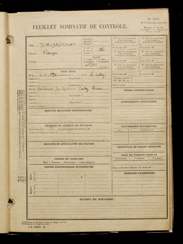 Daubricourt, François, né le 06 mai 1893 à Crotoy (Le) (Somme), classe 1913, matricule n° 282, Bureau de recrutement d'Abbeville
