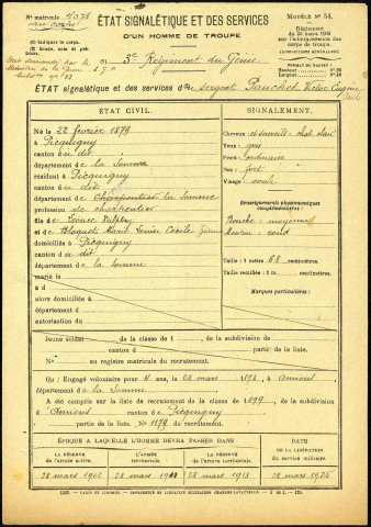 Pauchet, Victor Eugène Paul, né le 22 février 1879 à Picquigny (Somme), classe 1899, matricule n° 1170, Bureau de recrutement d'Amiens