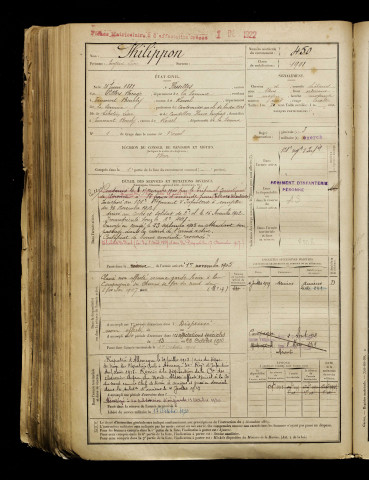 Philippon, Eugène Léon, né le 21 juin 1881 à Flesselles (Somme), classe 1901, matricule n° 450, Bureau de recrutement de Péronne