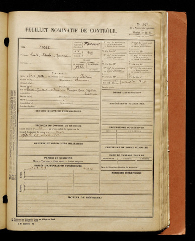 Josse, Emile Charles Maurice, né le 16 octobre 1892 à Pertain (Somme), classe 1912, matricule n° 948, Bureau de recrutement de Péronne